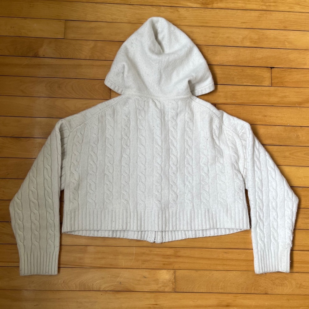 Sunday Best Aritzia Merino Wool Cable Knit Zip Up Cropped Hoodie Cream White M - Picture 3 of 7